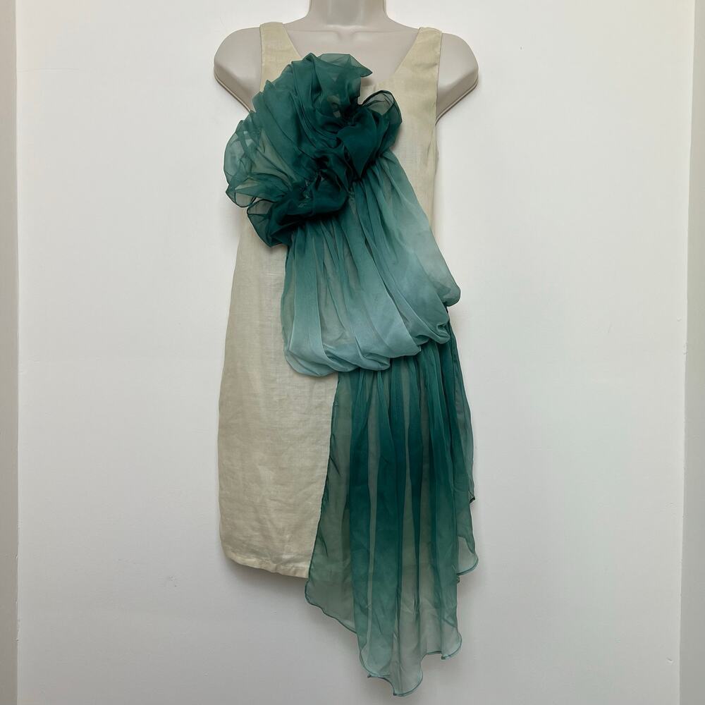 NWT Asymmetrical Draped Ruched Linen Shift Dress Medium Natural Beige Teal Blue